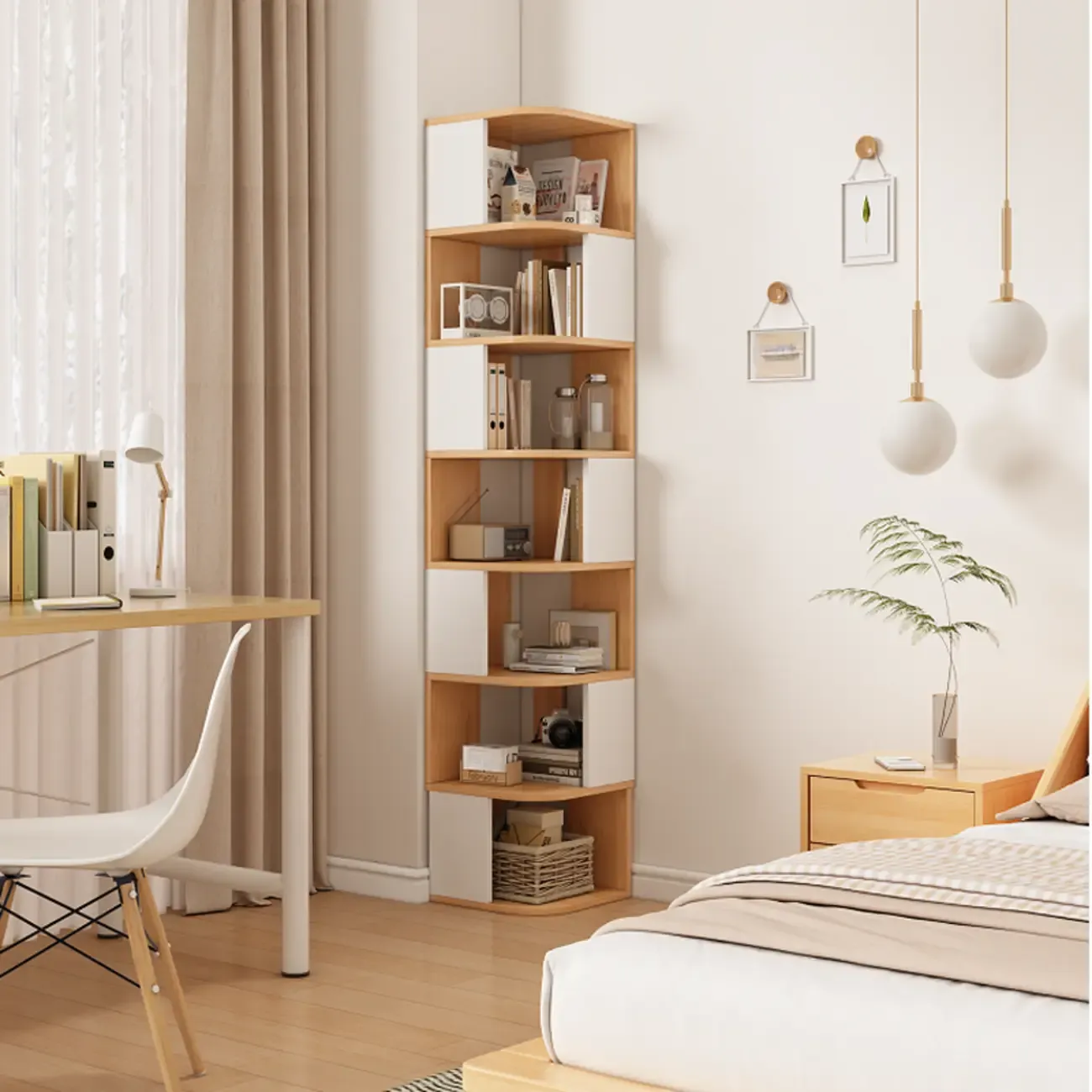 Modern Wooden Corner Bookcase with Storage Shelf for Home