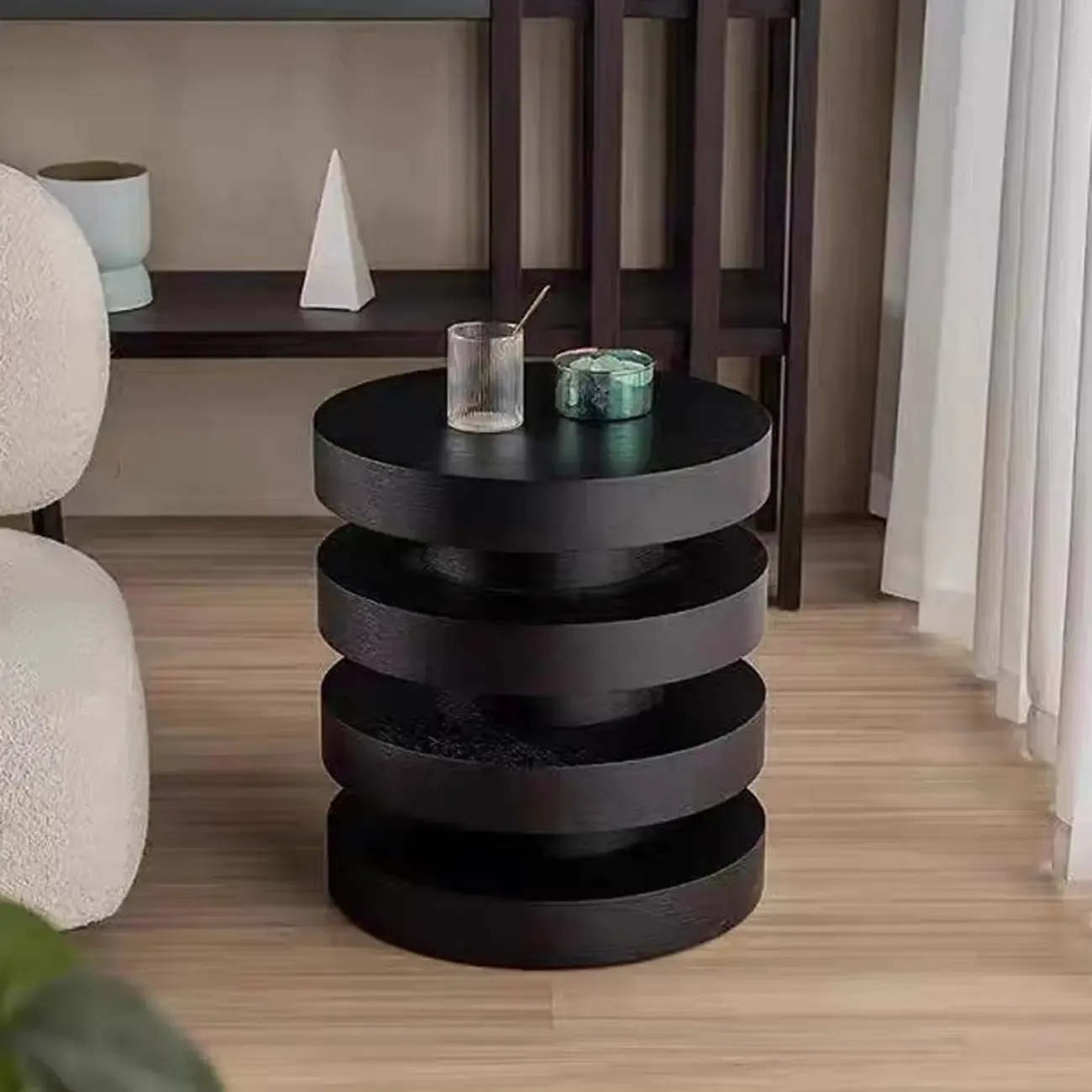 Living Room Black Circular Stacked Wood Side Table