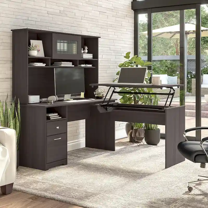 60W 3-position L-shaped Sit to Stand Desk with Hutch by