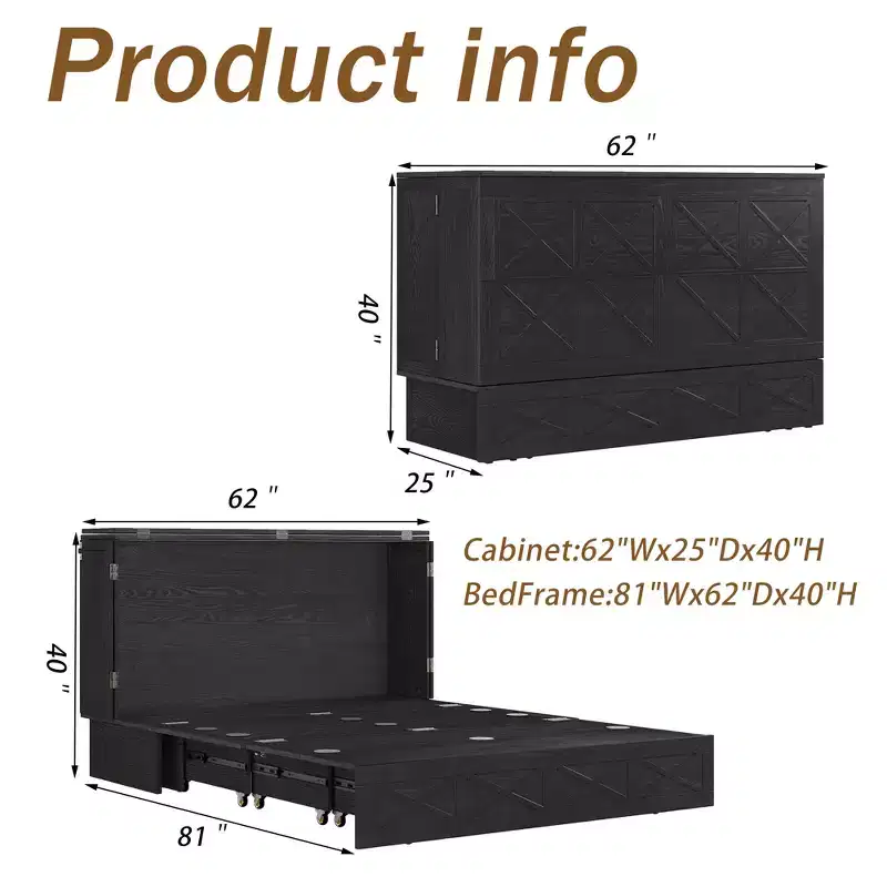 Keloyid Haimyy Solid Wood Frame Queen Murphy Bed Chest with Built-in Charger and Strong Drawer