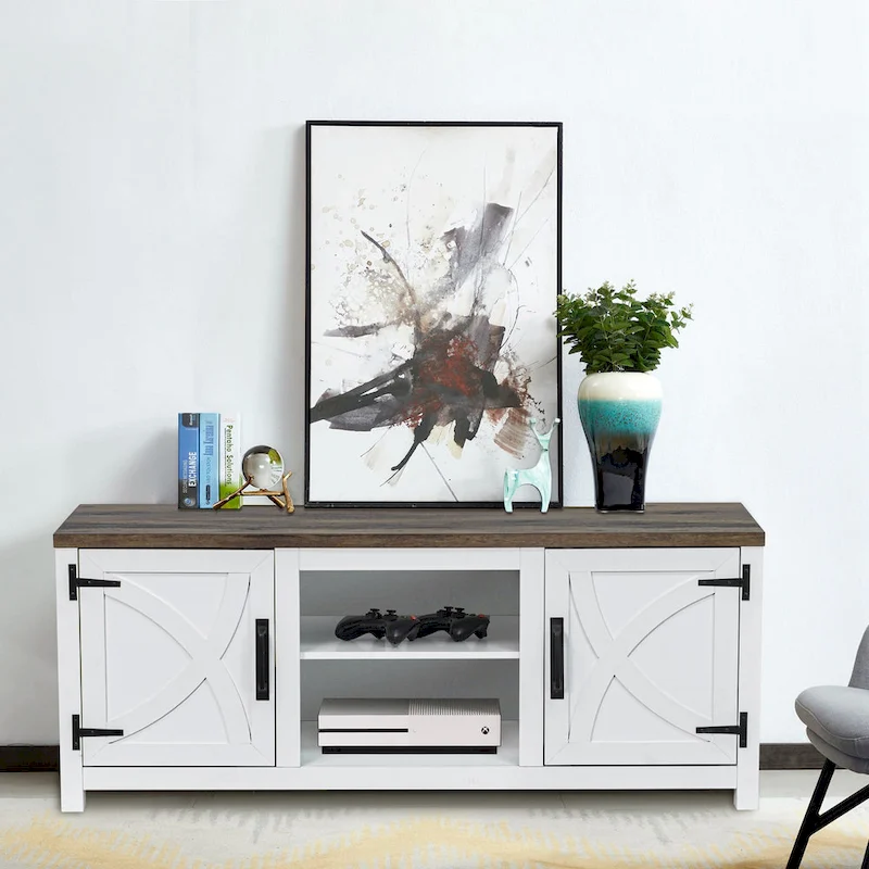 58-inch Farmhouse White Barn Door Media Console TV Stand for TVs up to 65