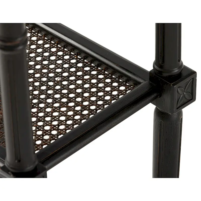 French Country Side Table, White/Black, Tray Top & Wicker Shelf, Distressed