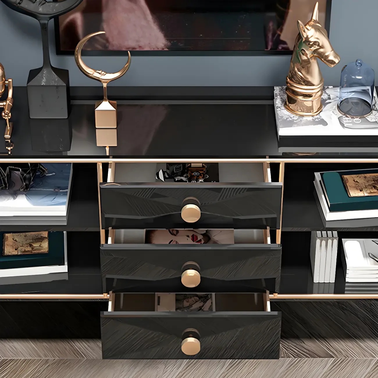Modern Glossy Wooden Buffet Table with Drawers & Cabinets