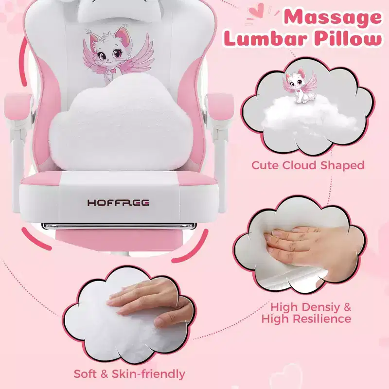 Hoffree Cute Pink Gaming Chair Girls Ergonomic Desk Chair with Footrest & Massage Lumbar