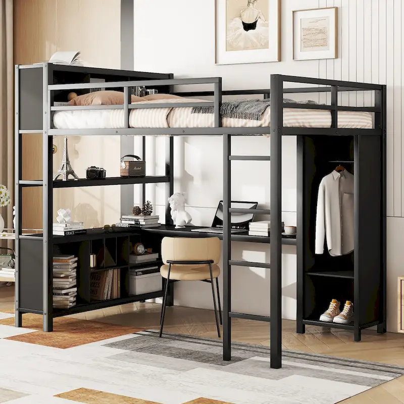 Black Full Size Metal Loft Bed with Wardrobe, L-shaped Desk, and Storage Cubes