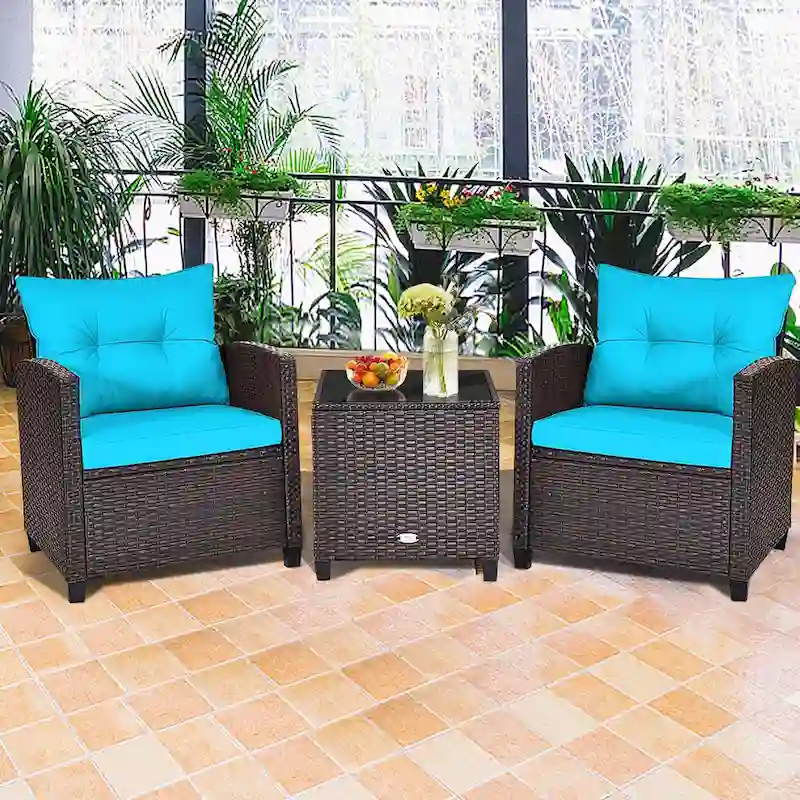 Gymax 3PCS Outdoor Patio Rattan Conversation Set w/ Coffee Table - See Details