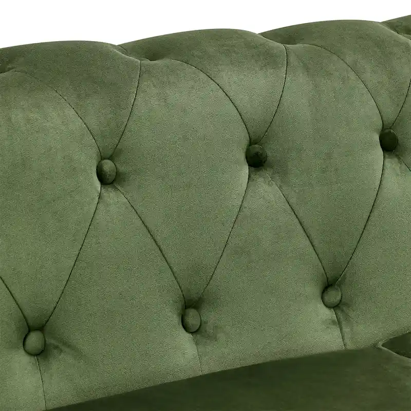 Green 74.5 Velvet Chesterfield Sofa with Button Tufting, Scrolled Arms, Turned Legs, and Elegant Design