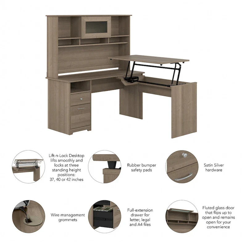 60W 3-position L-shaped Sit to Stand Desk with Hutch by