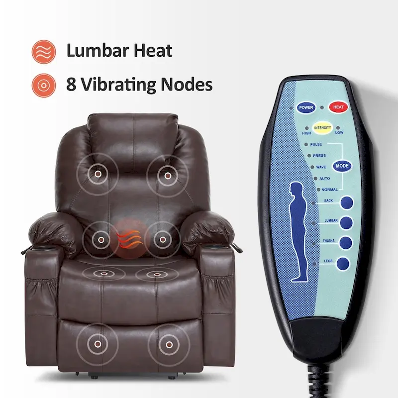 MCombo Large Power Lift Recliner Leather Chair with Massage, Heat, Cup Holders,Extended Footrest, Leather 7516