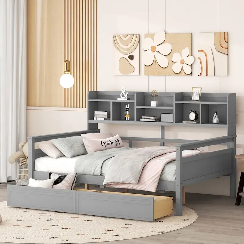 Full Size Daybed with Storage Drawers and Bedside Shelf