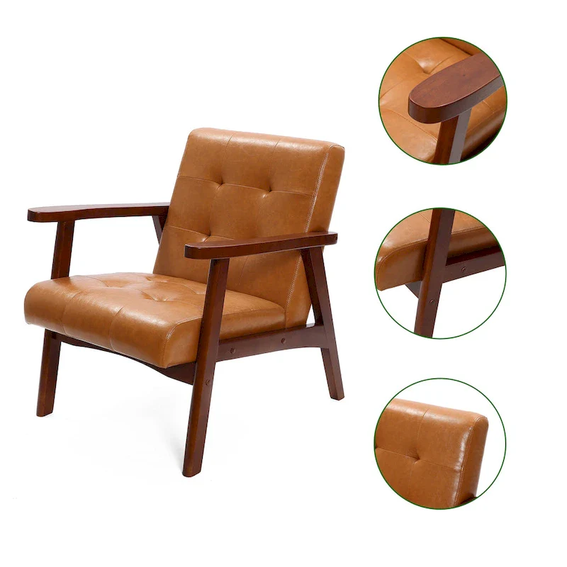 Mid-Century Armchair - Brown Faux Leather, Rubberwood Frame, 24.13W x 29.9H, Single Seat, 250 lbs
