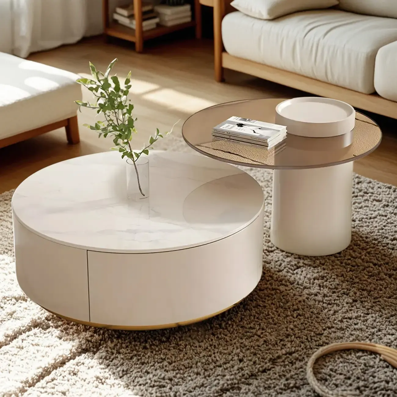 White Modern Round Drum Wood Drawer Coffee Table