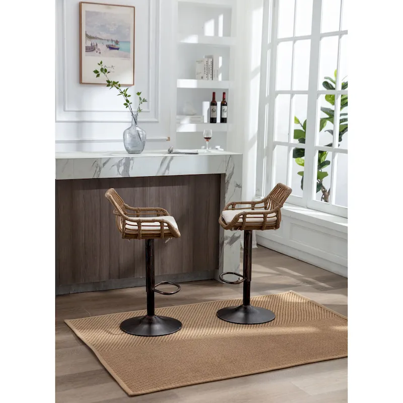 Set of 2 Swivel Upholstered Adjustable Counter Height Bar Stools With Footrest