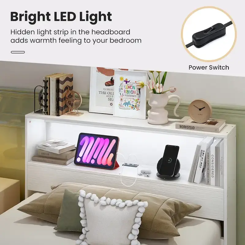 Single Wooden Bed Frame (with Charging Station and LED Lights)