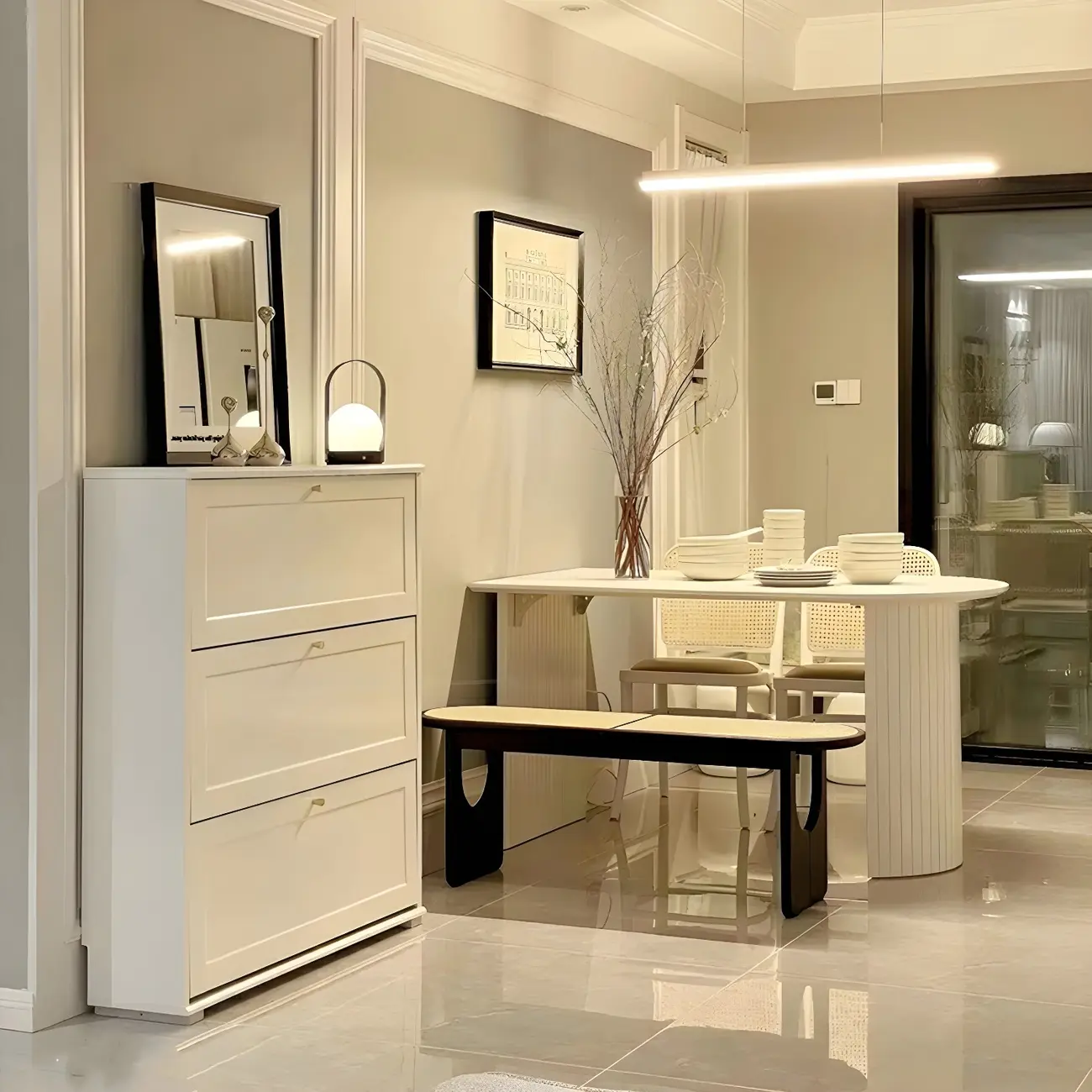 Rectangular Black Rattan Top Rubberwood Bench