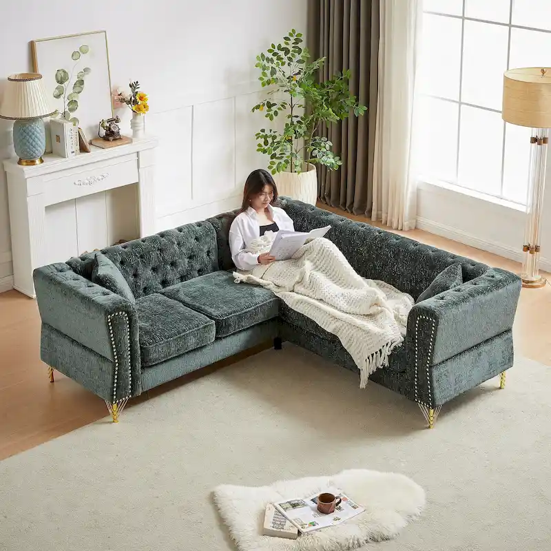 Green 81.5 Chenille L-Shaped 5-Seat Sofa