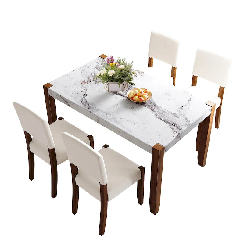 5 Piece Dining Table Set, 4 People Kitchen Dining Room Set with Faux Marble Style Table and 4 Upholstered Chairs
