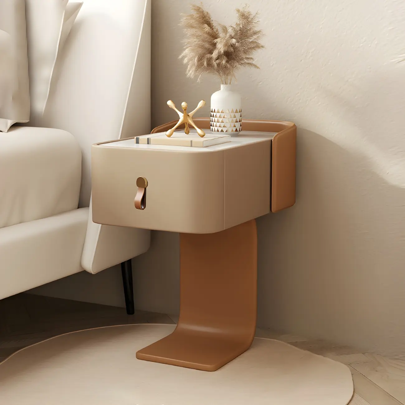 Khaki Stone Top Wood C-Shaped Nightstand with Drawer