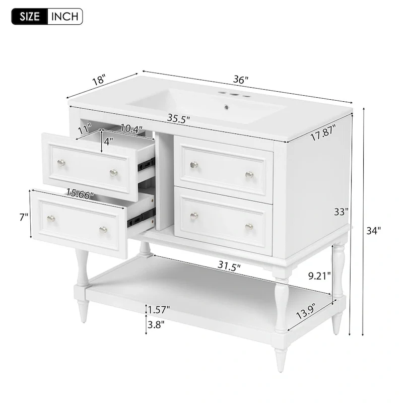 36 Bathroom Vanity Cabinet with Sink Combo Set, Undermount Ceramic Sink, Free Standing Vanity Set with 4 Drawers
