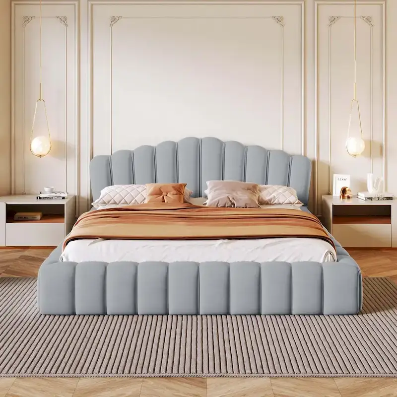 Velvet Upholstered Queen Bed Frame Shell-Shaped Headboard for Bedroom