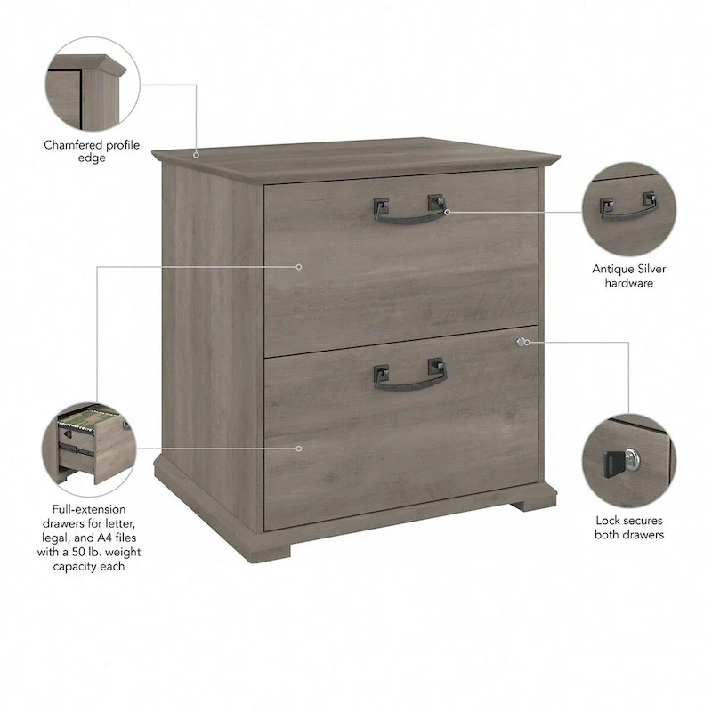 Farmhouse Lateral File Cabinet, 2-Drawer, Linen White Oak / Driftwood Gray, Single User