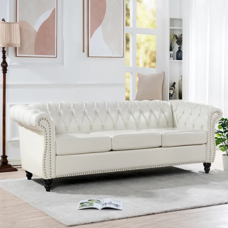 84.65 PU Rolled Arm Chesterfield 3 Seater Sofa