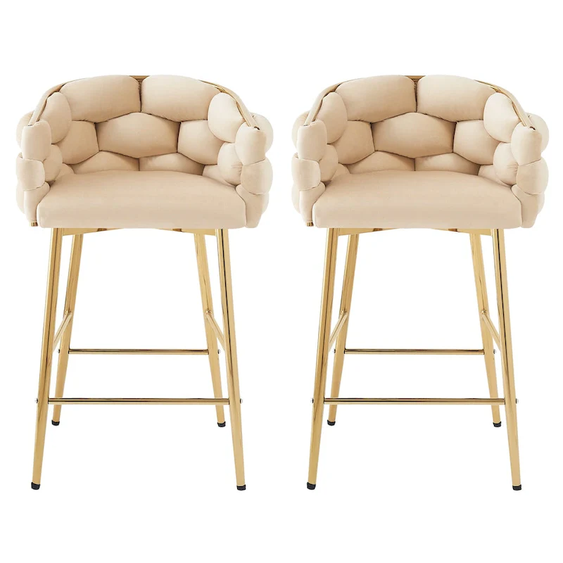 Set of 2 Bar Stools with Velvet Padded Seat and Metal Legs