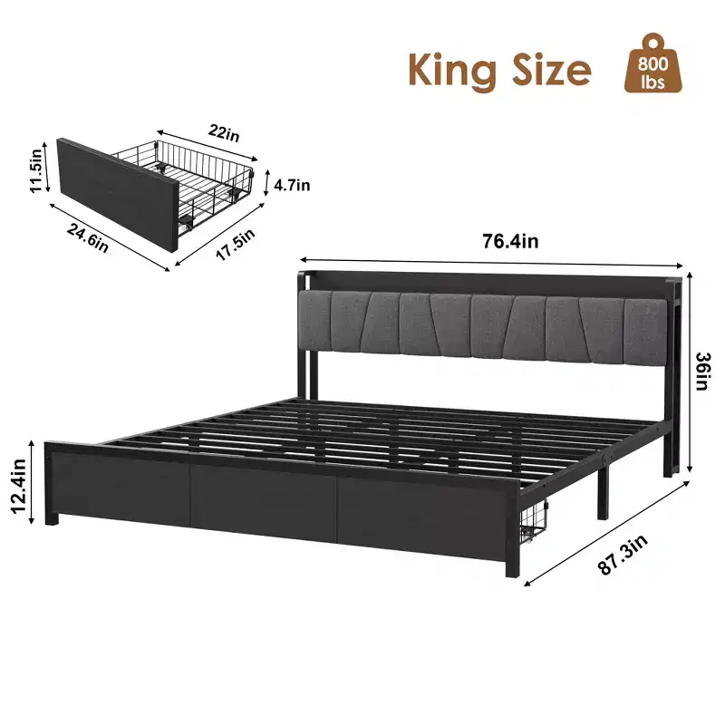 Whizmax King Size Bed Frame with Upholstered Headboard, Industrial King Platform Bed with 2 Storage Drawers and Charging Station, No Box Spring Needed
