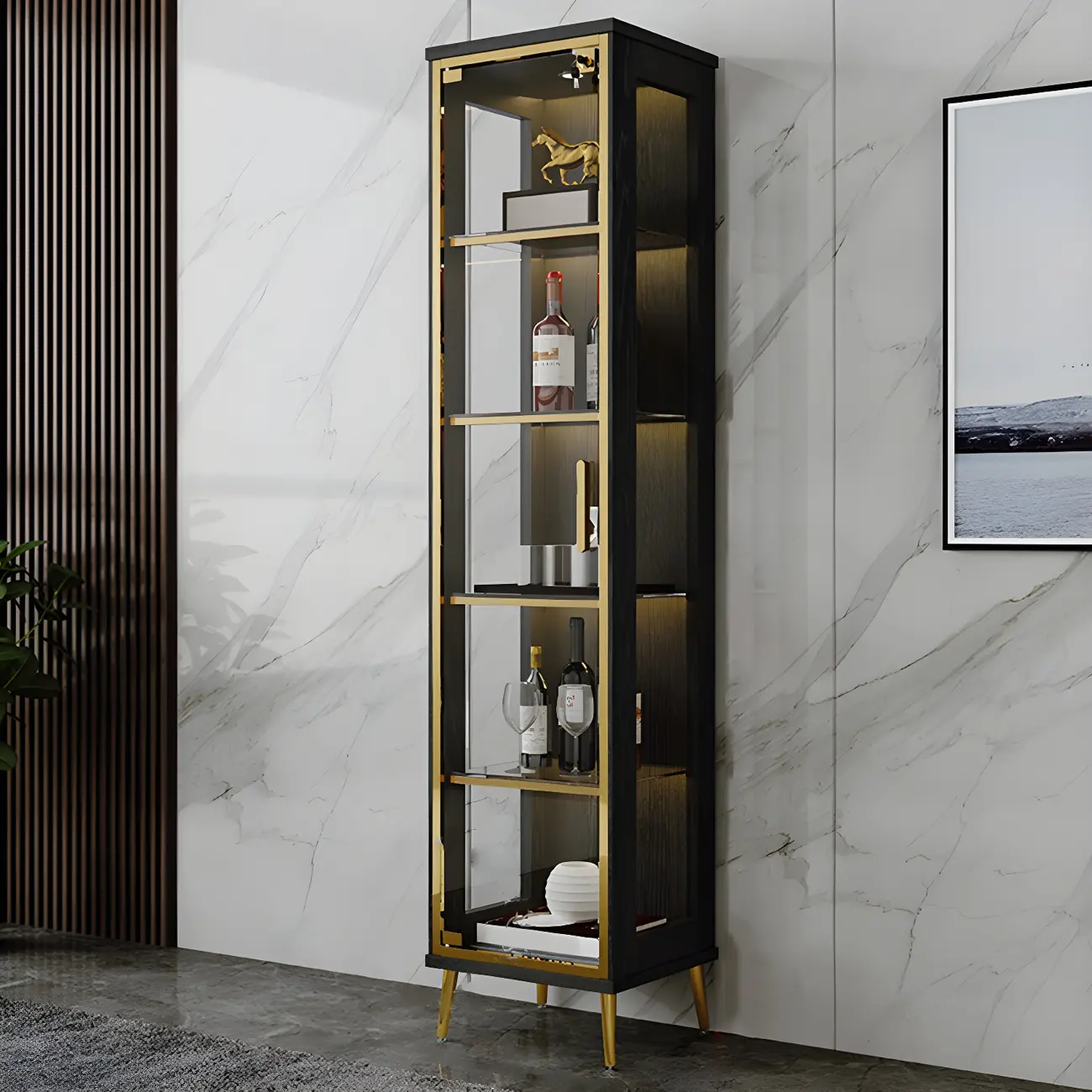 Glam Black Wooden Glass Display Cabinet