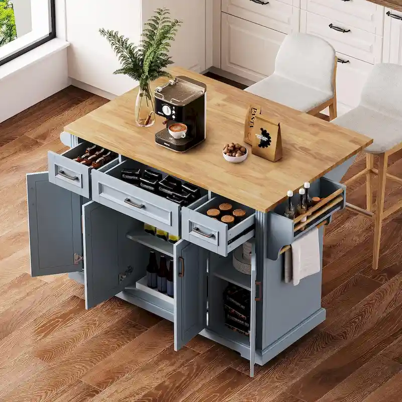 54  Large Kitchen Island with Rubber Wood Drop Leaf, Embossed Texture Rolling Kitchen Cart on 4 Wheels with 4 Doors & 3 Drawers