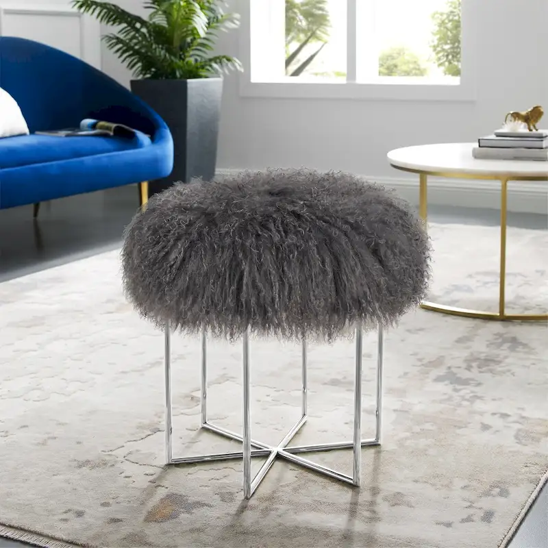 Bailey Real Sheepskin Mongolian/ Stainless Steel Ottoman