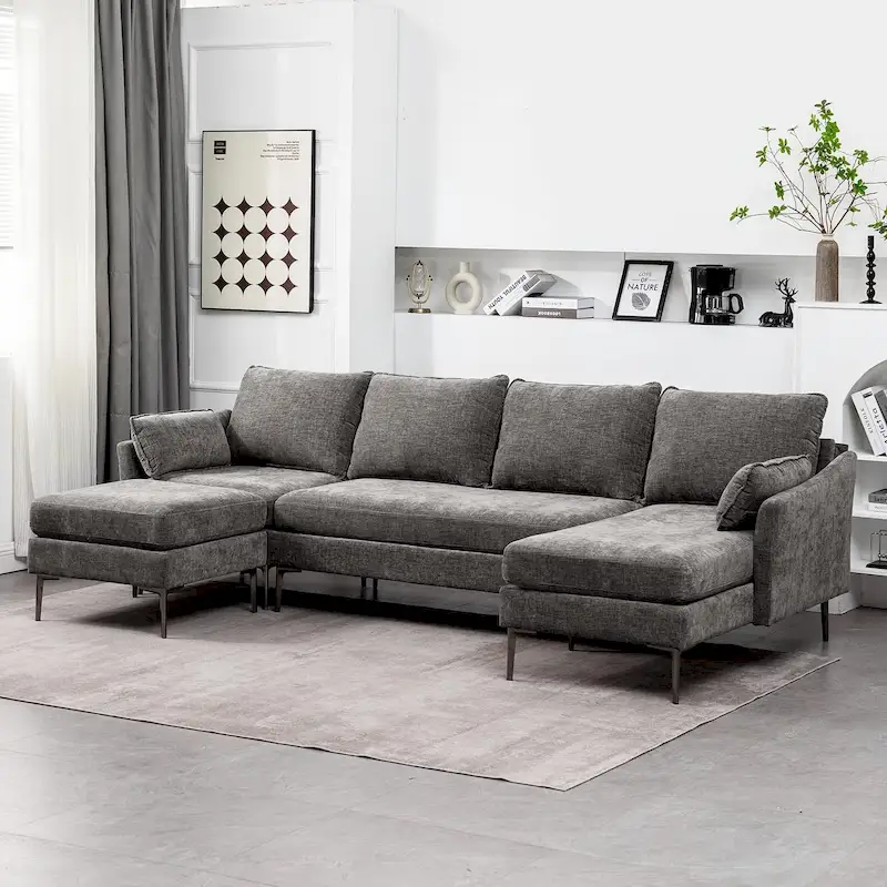EROMMY U Shaped 6-seat Sectional Sofa Couch, Reversible Sleeper in Modern Chenille Design, with Chaise Lounge and Ottoman