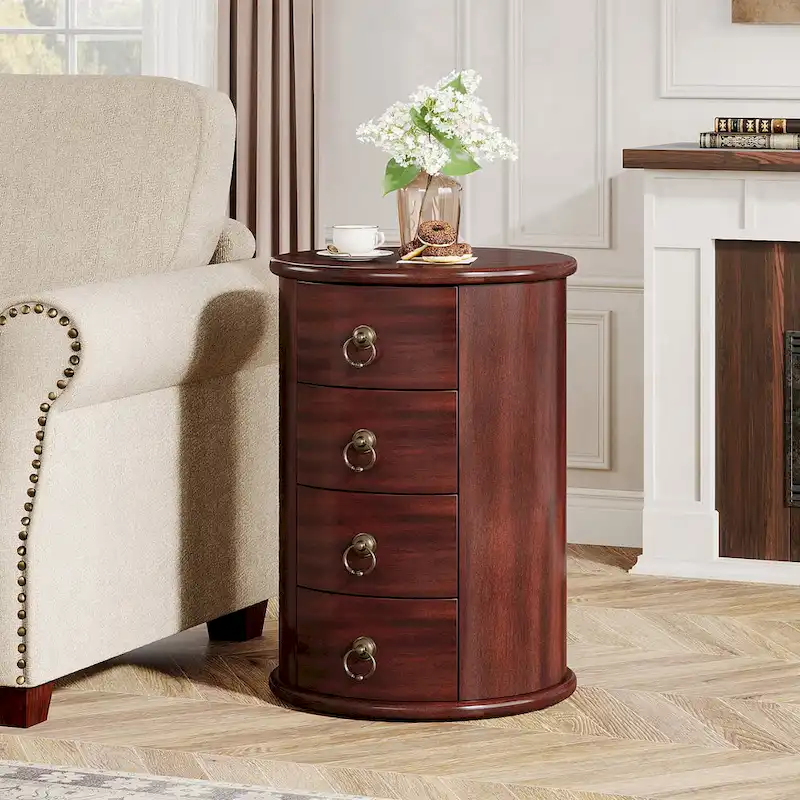 Solid Wood Bedside Table, Round Nightstand with 4 Drawers
