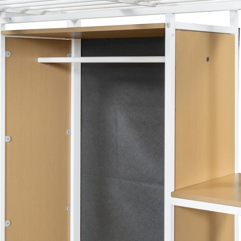 White Twin Metal Loft Bed with Built-in Wardrobe & Desk