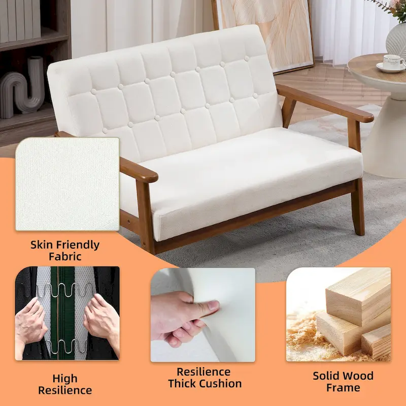 Mid-Century Linen/PU Upholstered Wood Frame Tufted Loveseat Sofa