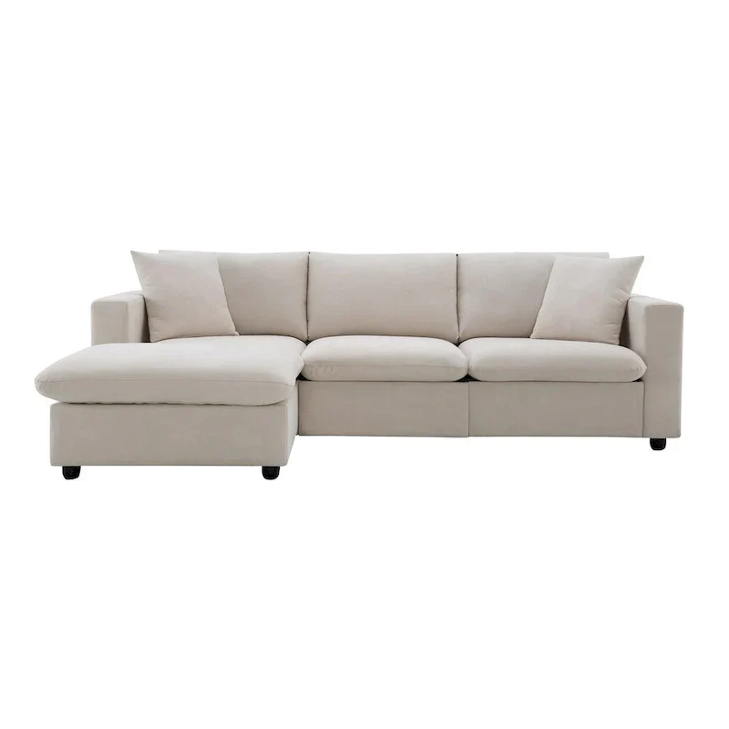 L-shaped Modern Sectional Sofa, 2 Free pillows,4-seat Polyester Fabric Couch Set,Ottoman,Beige