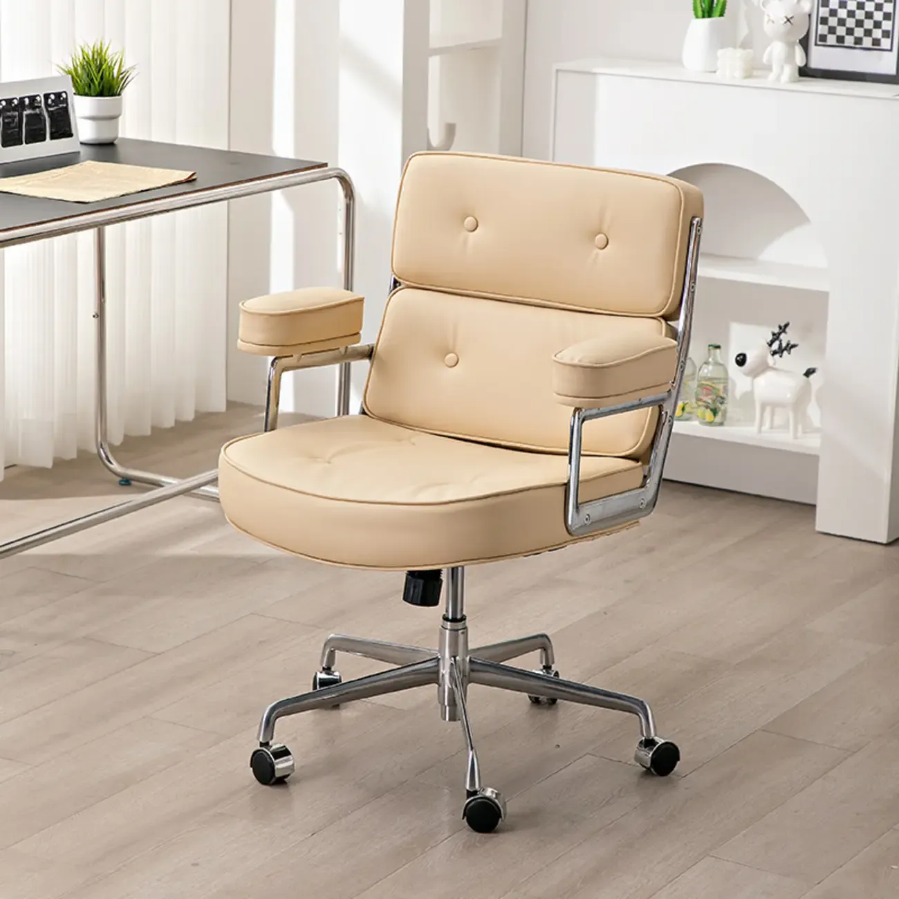 Upholstered Apricot Leather Adjustable Swivel Office Chair
