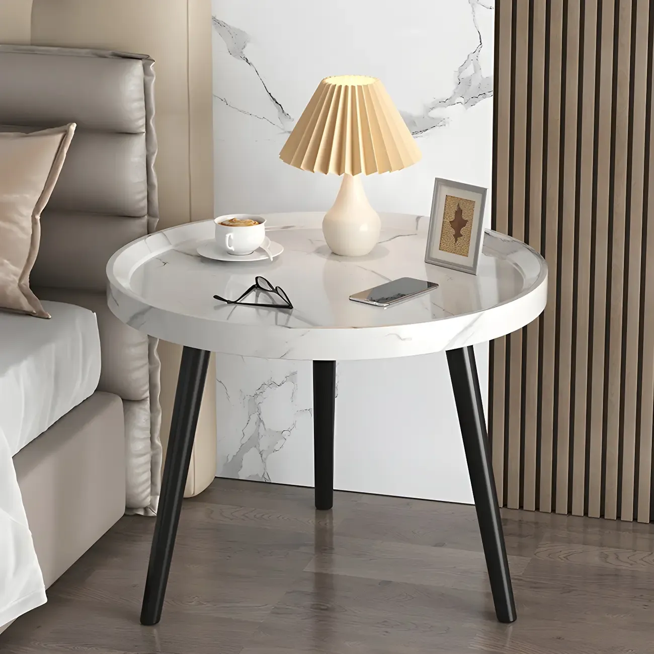 Natural Espresso Wood Small Round End Side Table with Tray Top & Shelf