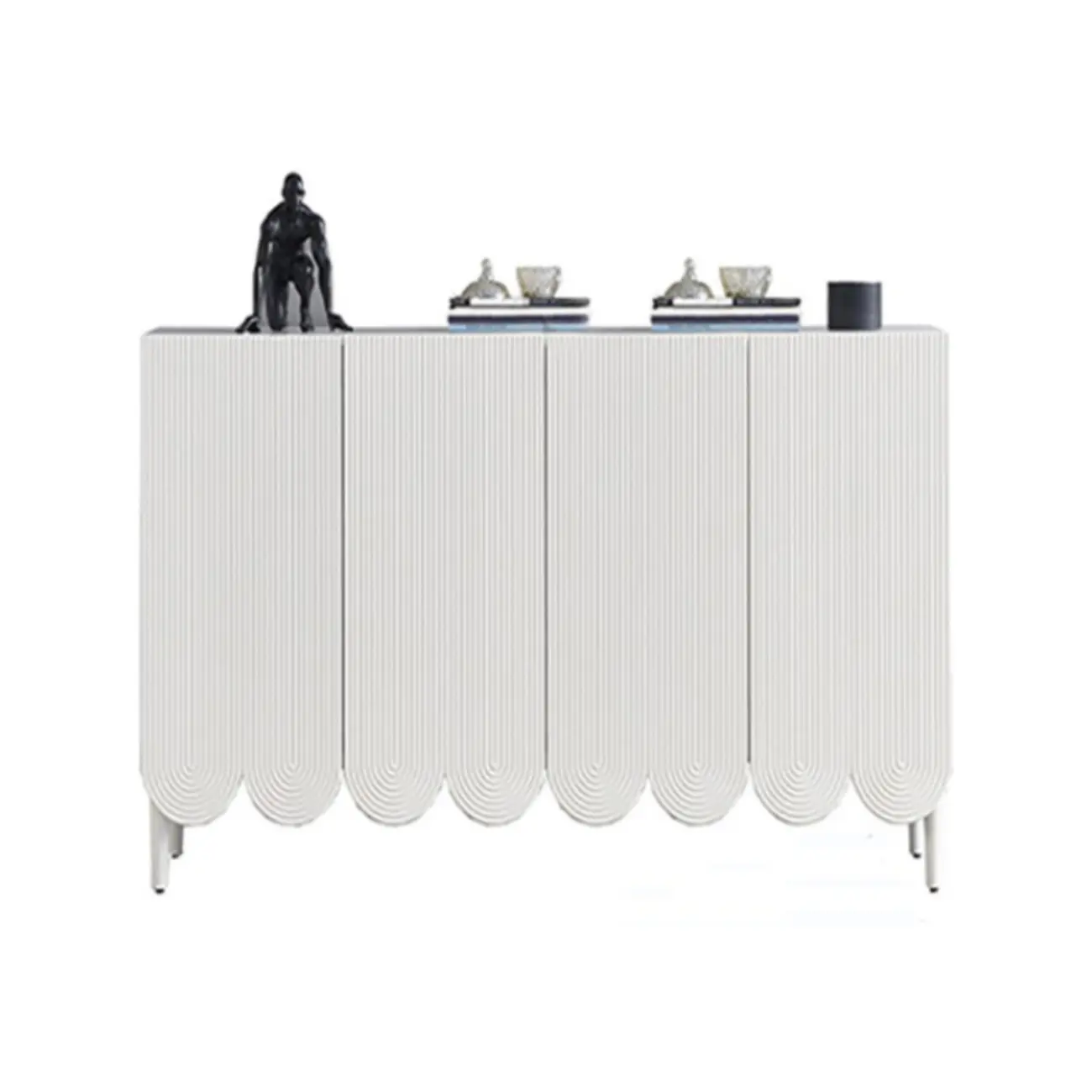 Modern White Wood Scalloped Adjustable Shelves Cabinet