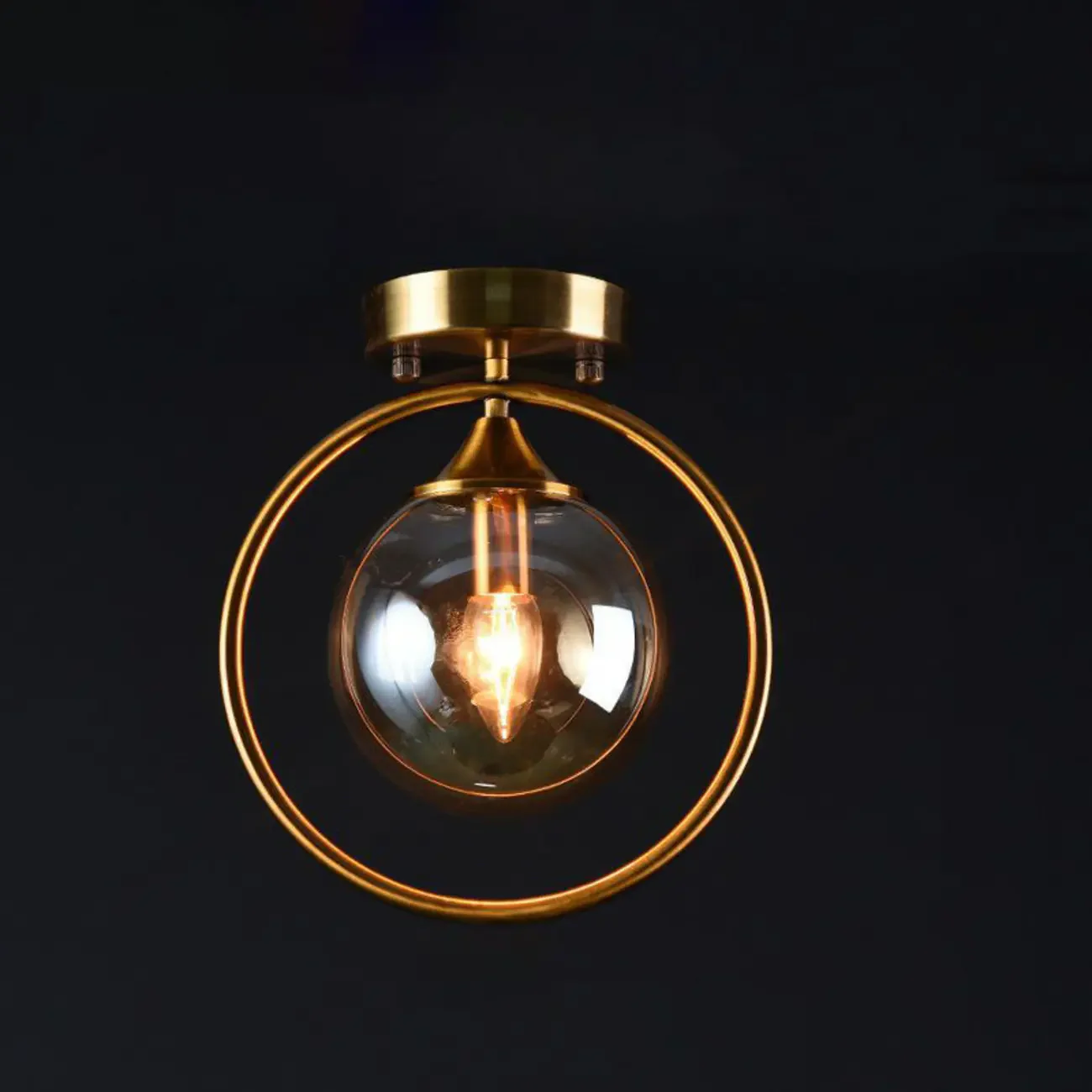 1-Light Circular Brass Glass Ball Semi Flush Ceiling Light