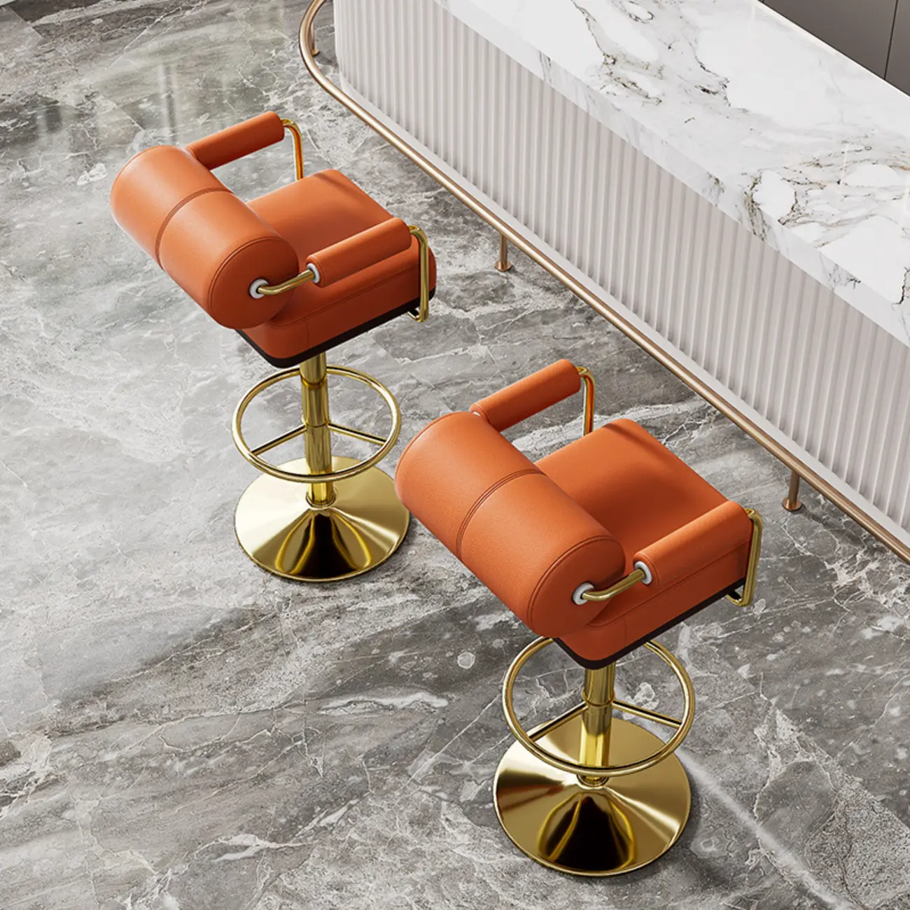 Square Adjustable Leather Gold Legs Swivel Bar Stools