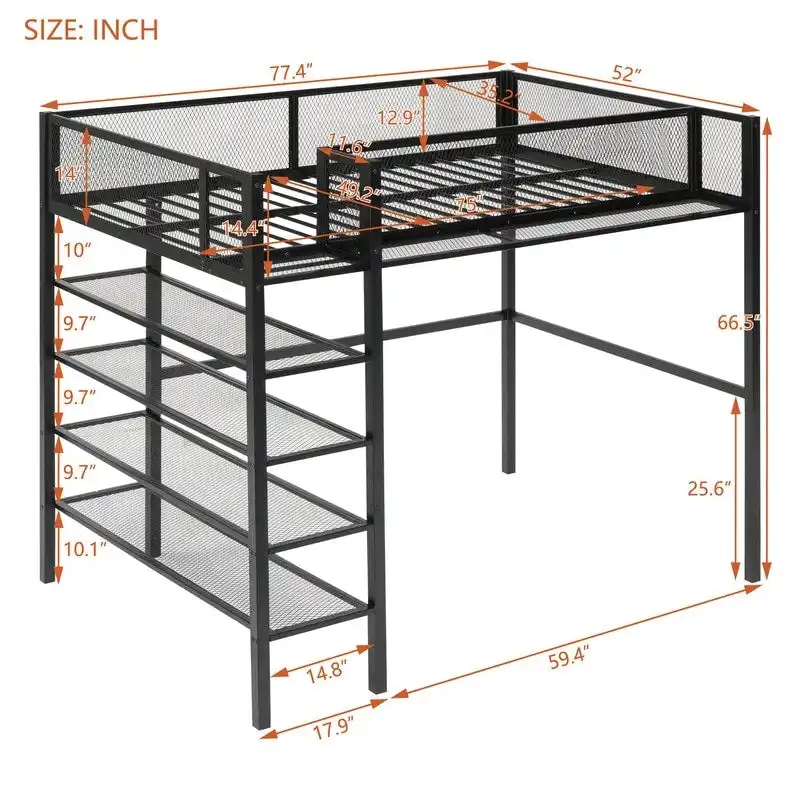 Twin Size Metal Loft Bed with 4-Tier Shelves and Storage