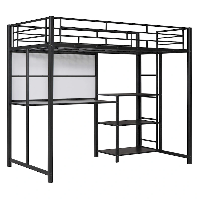 Metal Loft Bed with 3 Shelves and Ladder