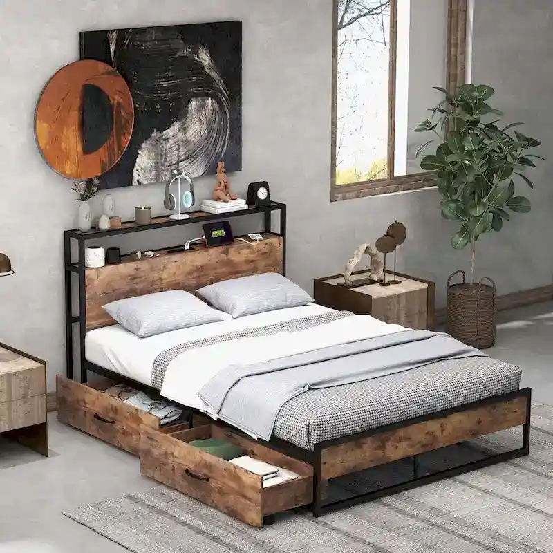 Costway Full/Queen Industrial Platform Bed Frame with Drawer Storage