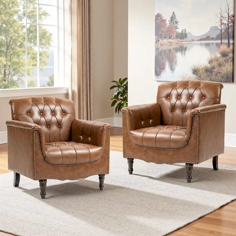 Tufted Vegan Leather Accent Chairs Set of 2, Armchair with Nailhead Trim