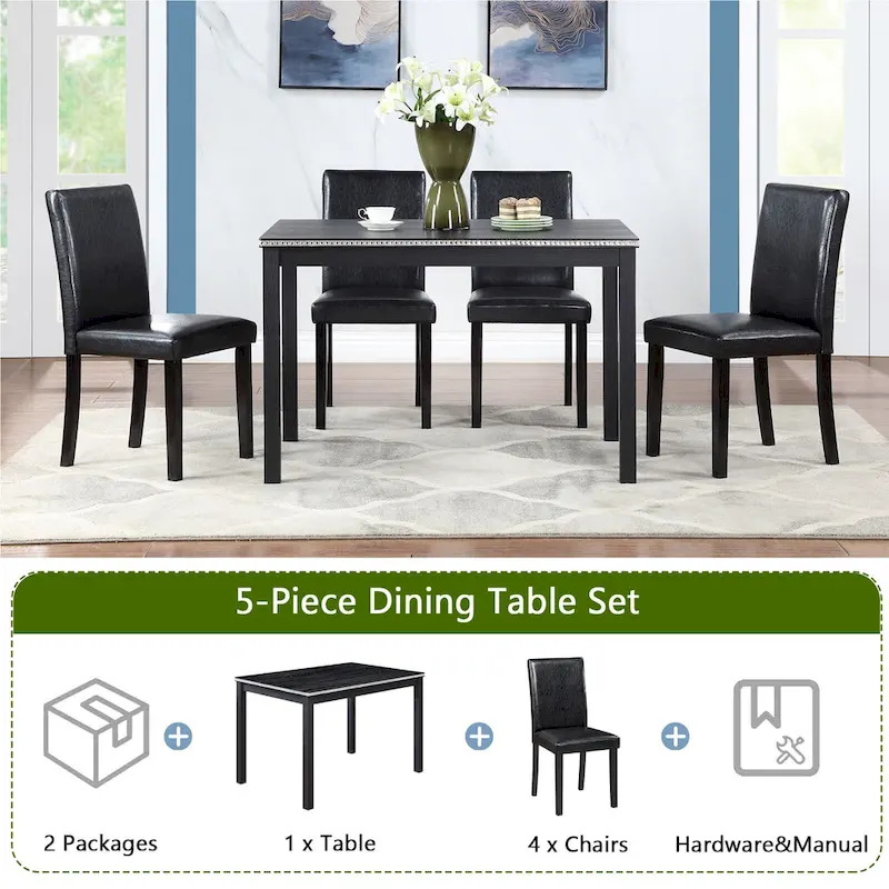5 Piece Wooden Dining Table Set, Kitchen Table Set with a Rectangular Table and 4 Upholstered Chairs
