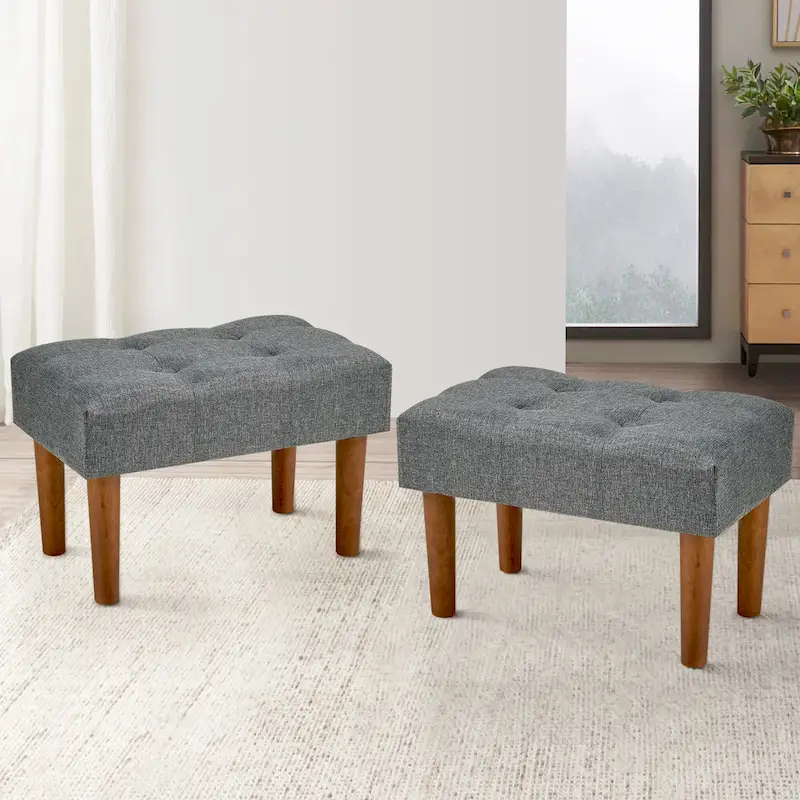 2 Pcs Small Foot Stool Ottoman, Linen Ottoman Foot Rest with Legs, Rectangle Upholstered Footrest