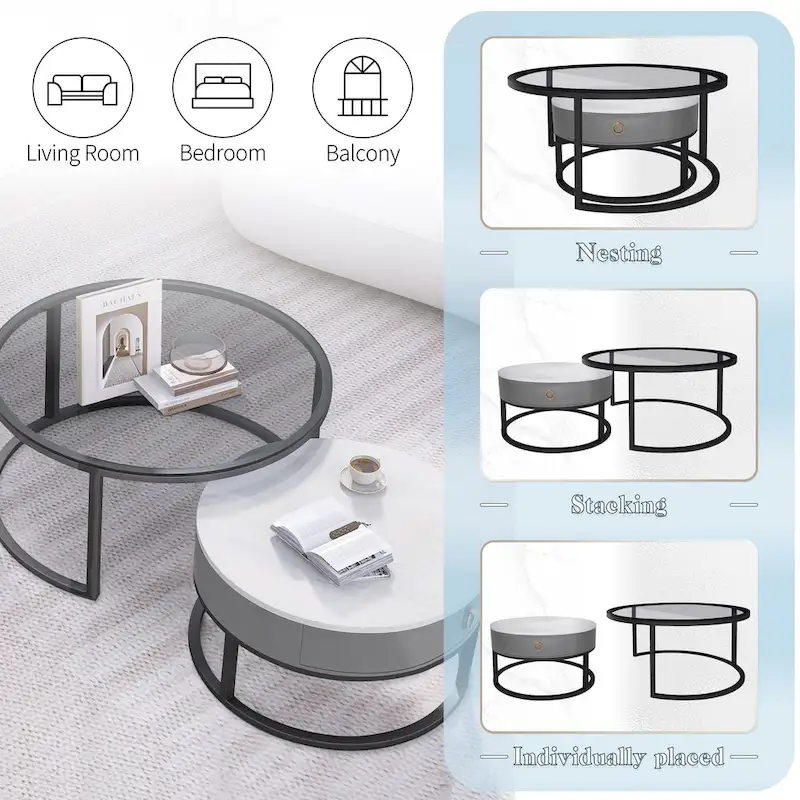 Modern Glass Waterproof Round Nesting Coffee Table with Drawer