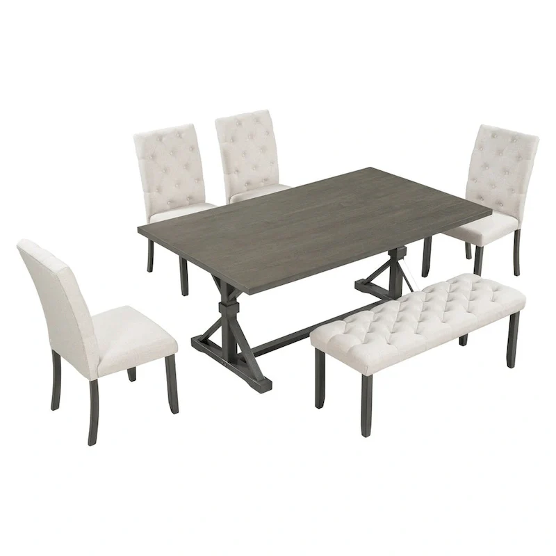 6-Piece Dining Table Set, 72 Rectangular Table, 4 Chairs with Bench