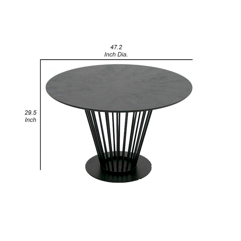 47 Inch Dining Table, Round Top, Modern Black Iron Metal Pedestal Base